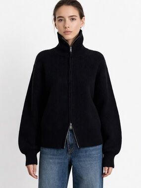 Oak + Fort High Neck Zip Up Ribbed Sweater Black Size S